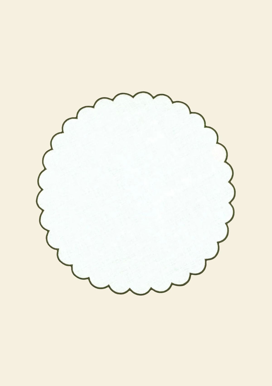 White & forest green scalloped round linen placemat