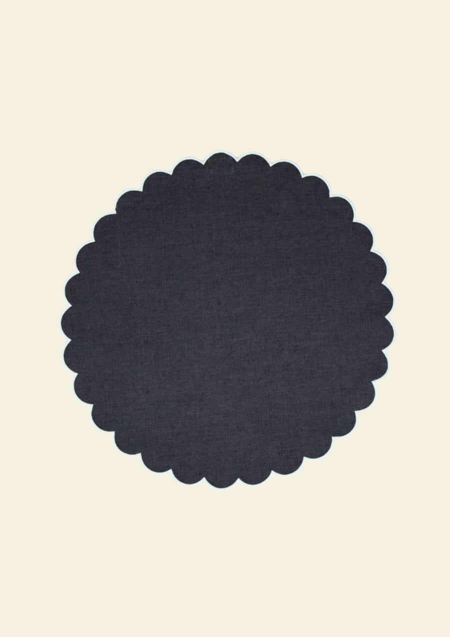 Slate blue & White scalloped round linen placemat