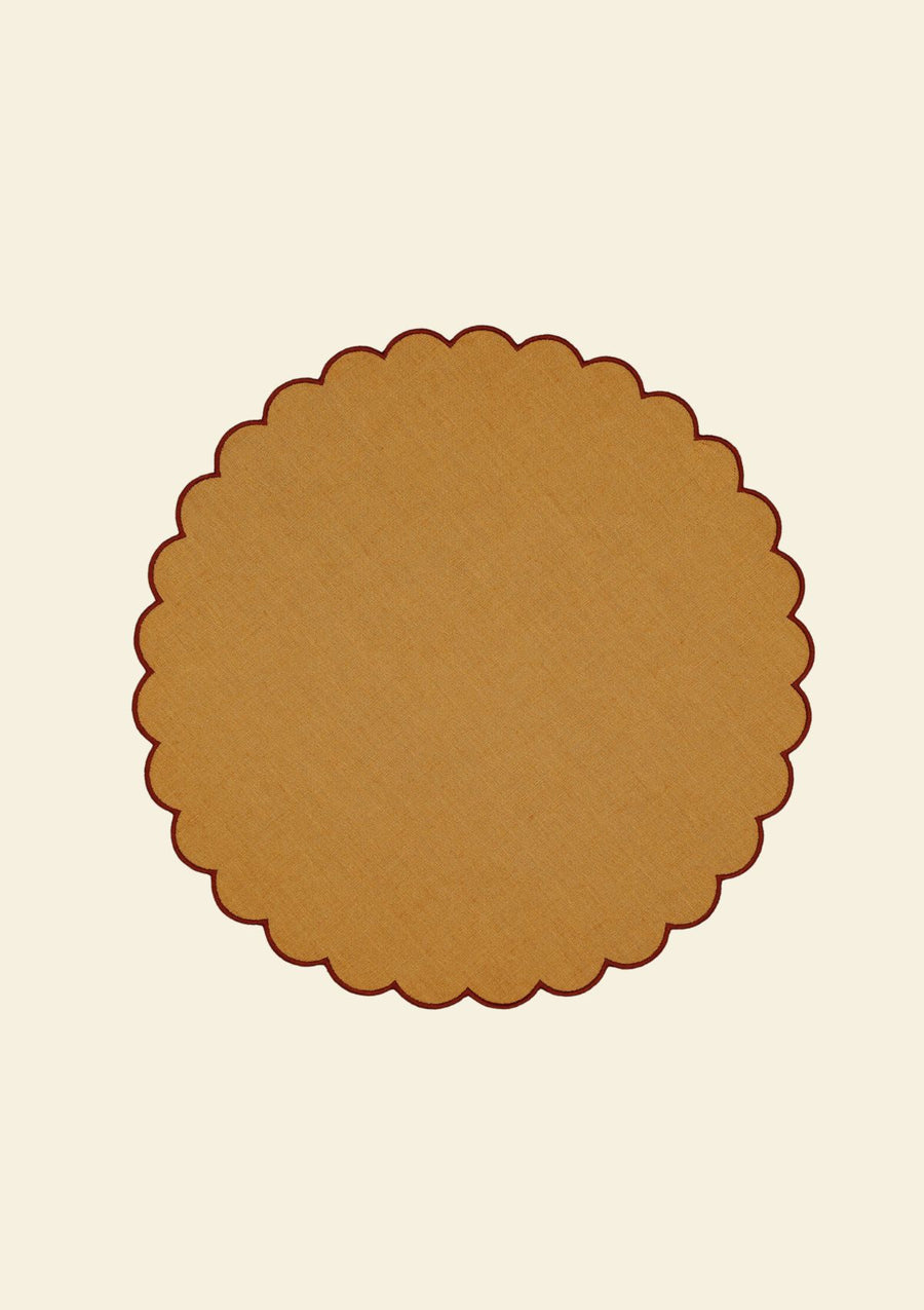 Yellow ocher & red ocher scalloped round linen placemat