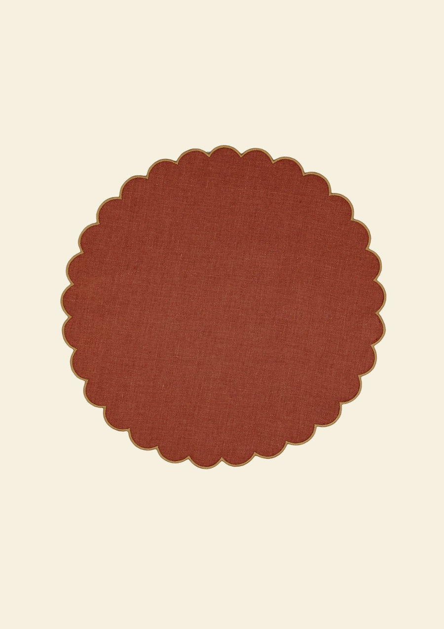 Red ocher & yellow ocher scalloped round linen placemat