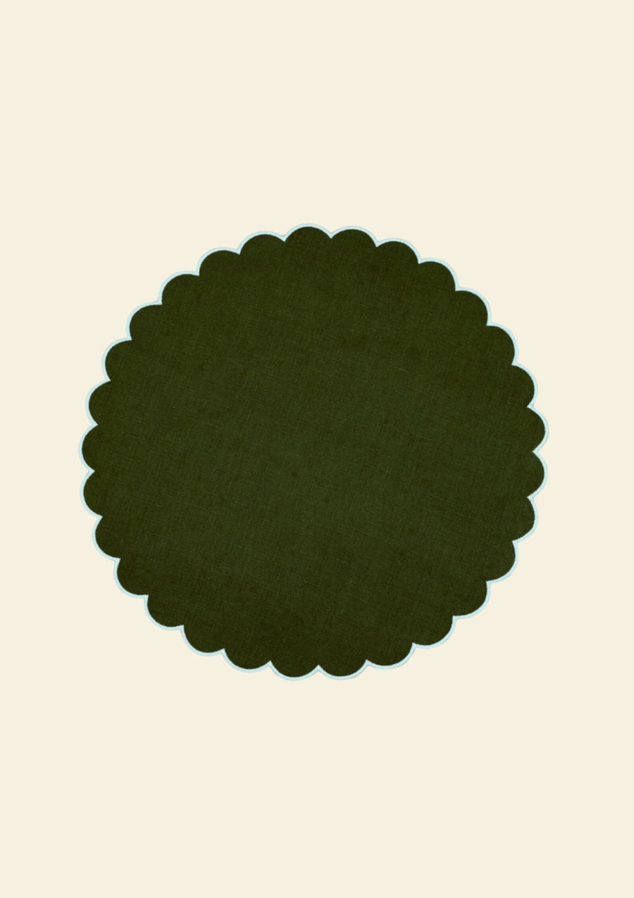 Forest green & white scalloped round linen placemat