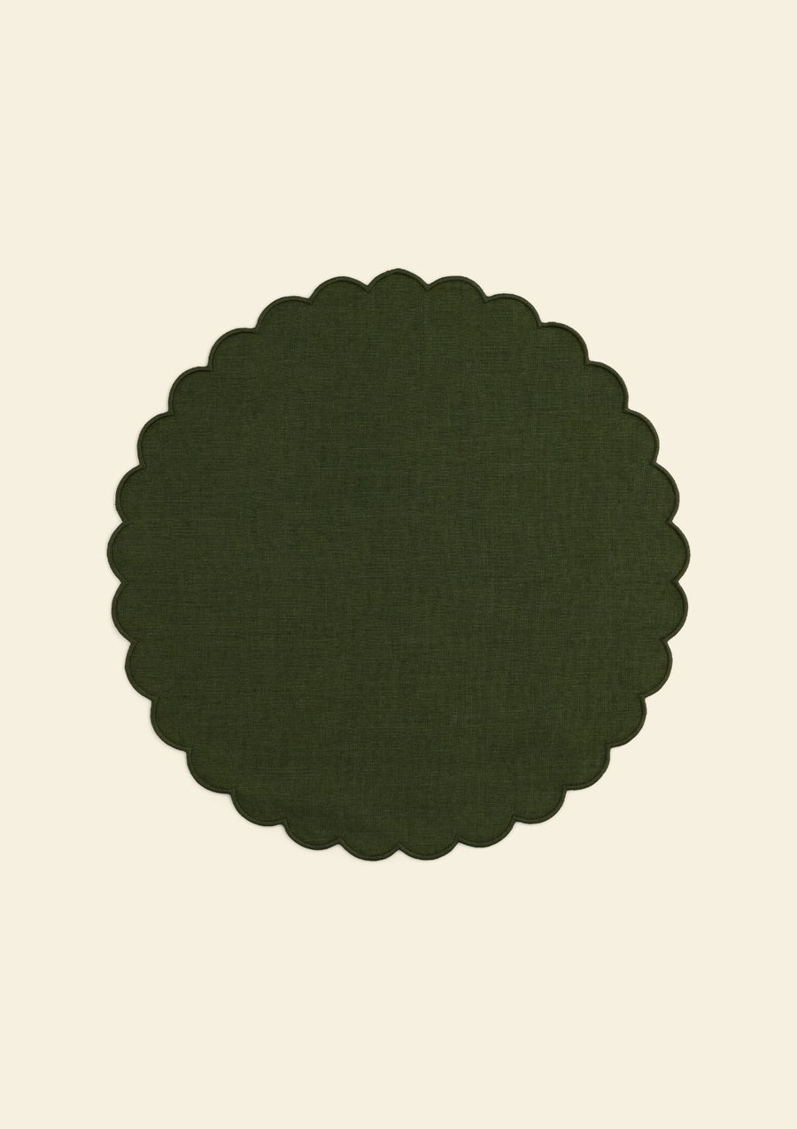 Forest green scalloped round linen placemat
