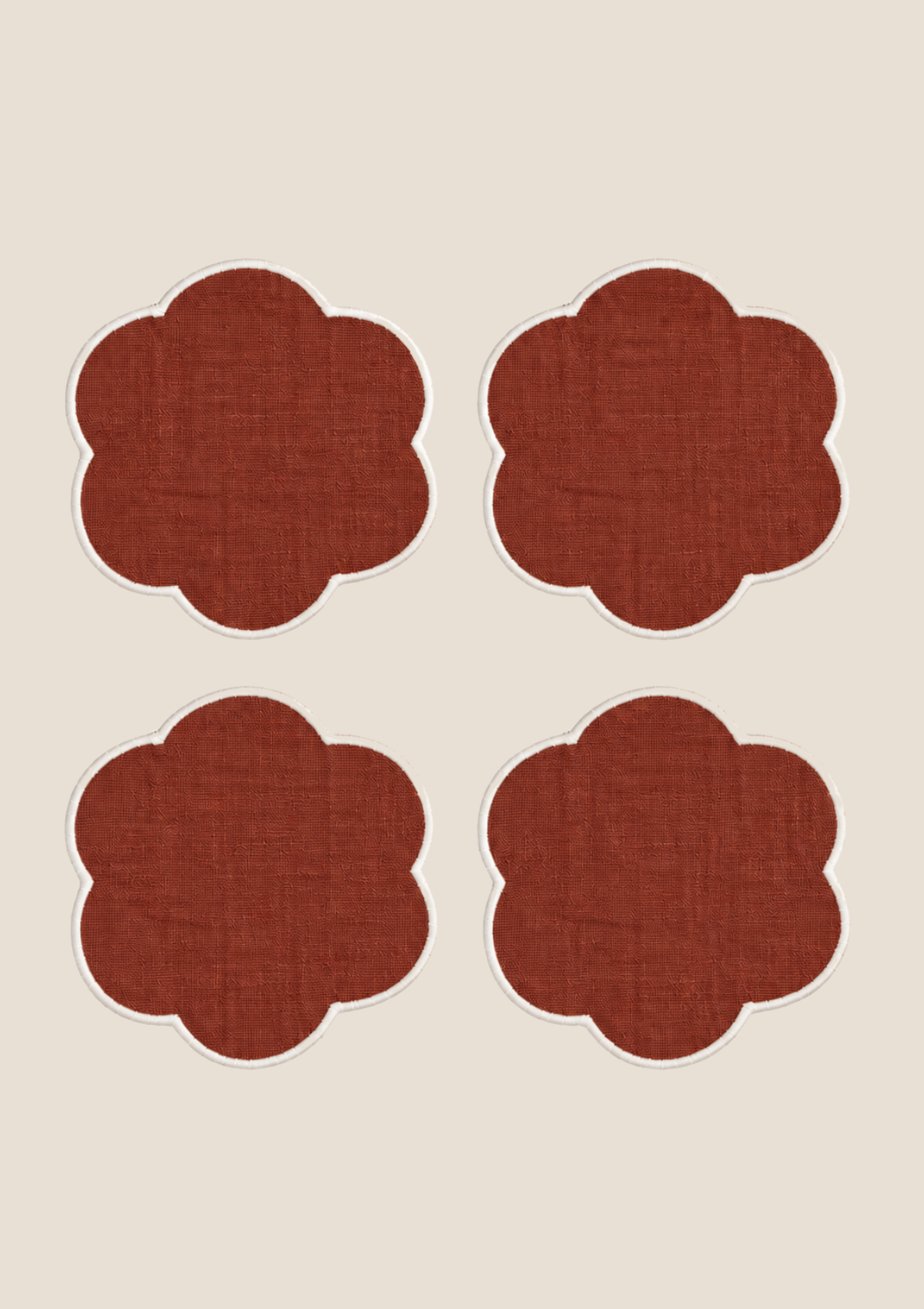 Red ochre & White Scalloped Linen Coasters (set of 4)