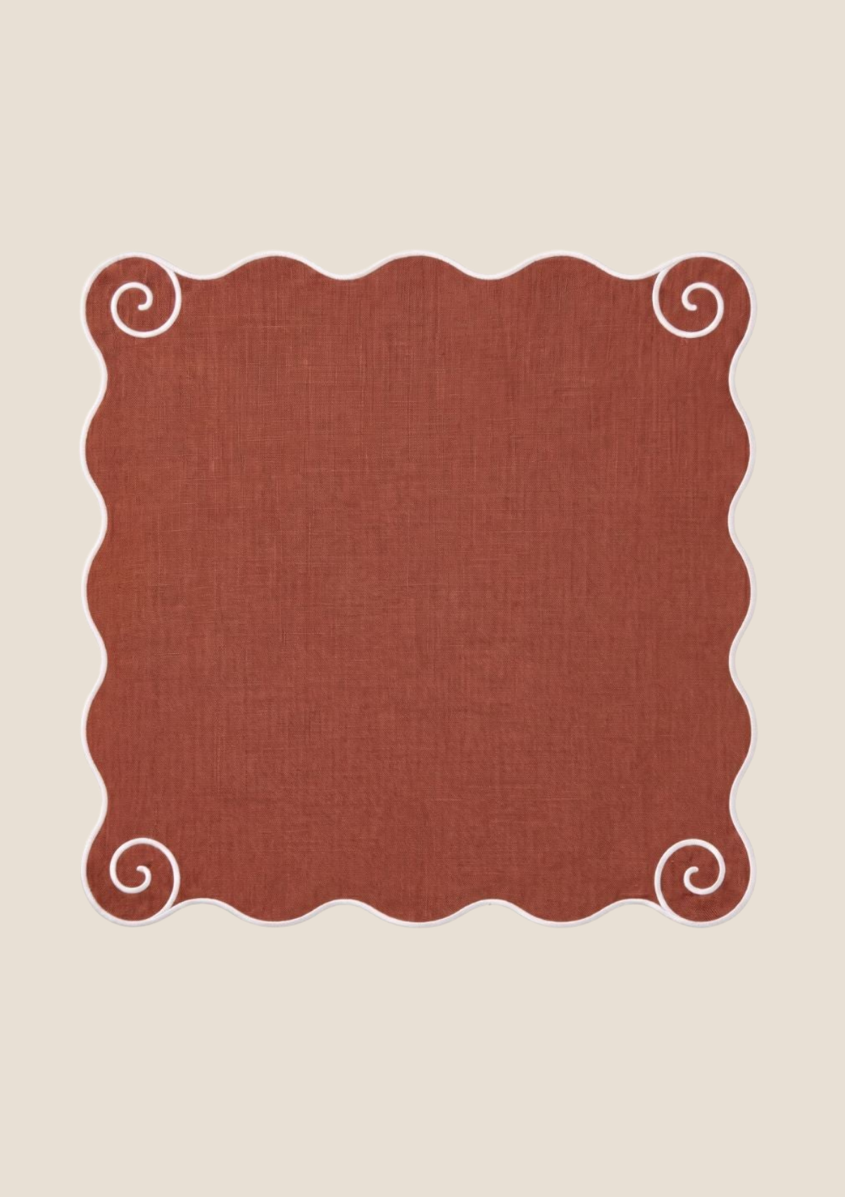 La serviette de table Volute en lin Tomette & Blanc