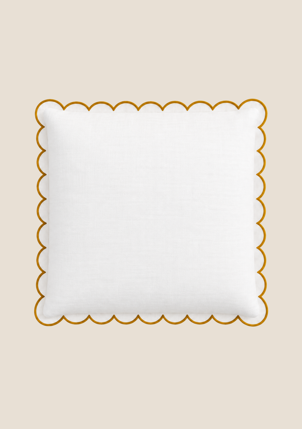 The square scalloped linen cushion in White & Yellow ocher