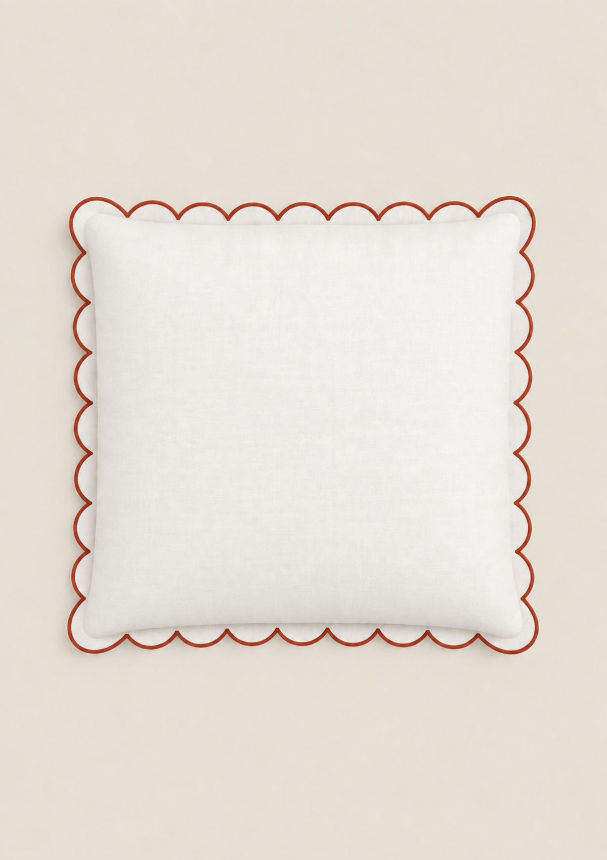 The square scalloped linen cushion White & Red ocher