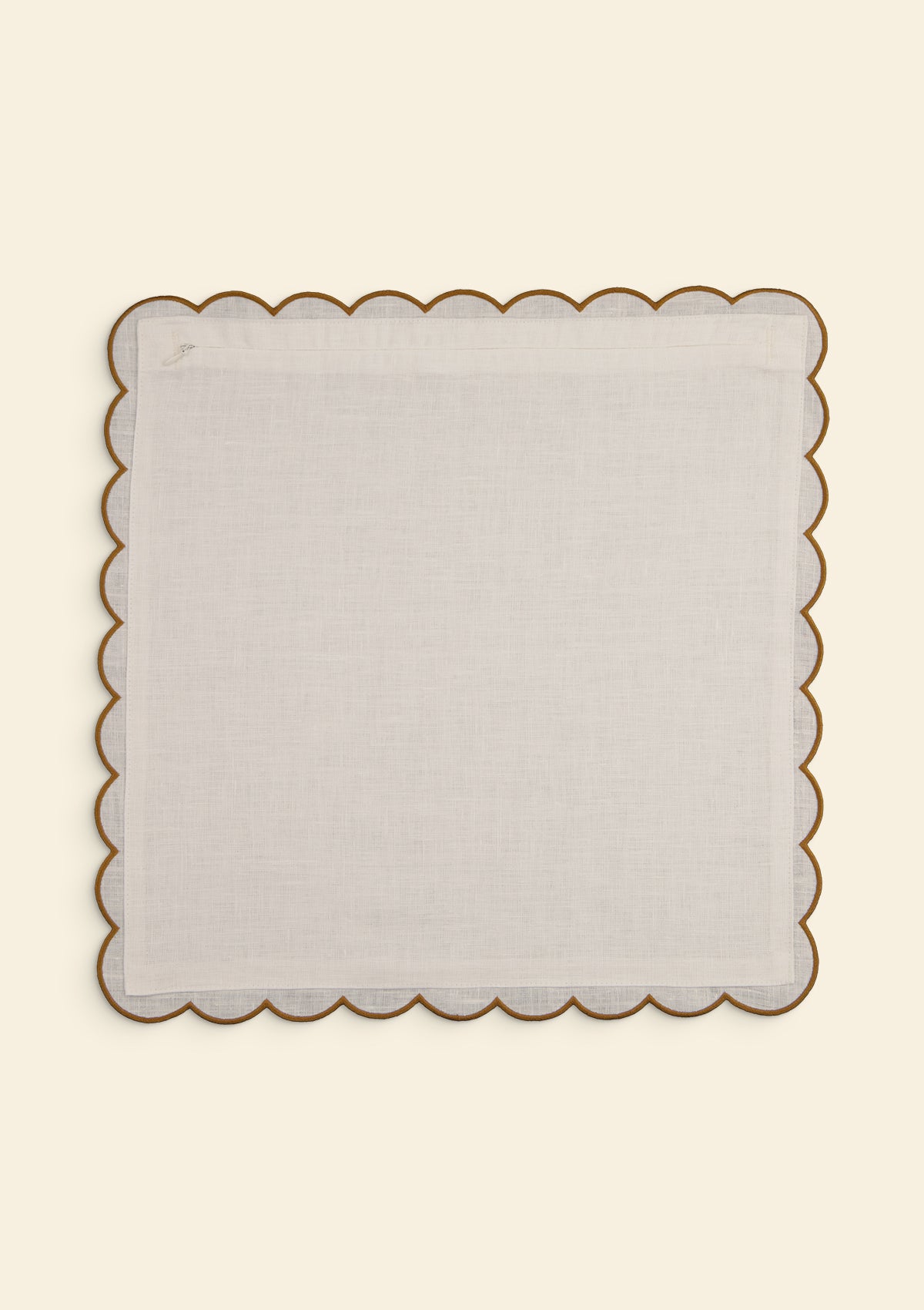 The square scalloped linen cushion in White & Yellow ocher