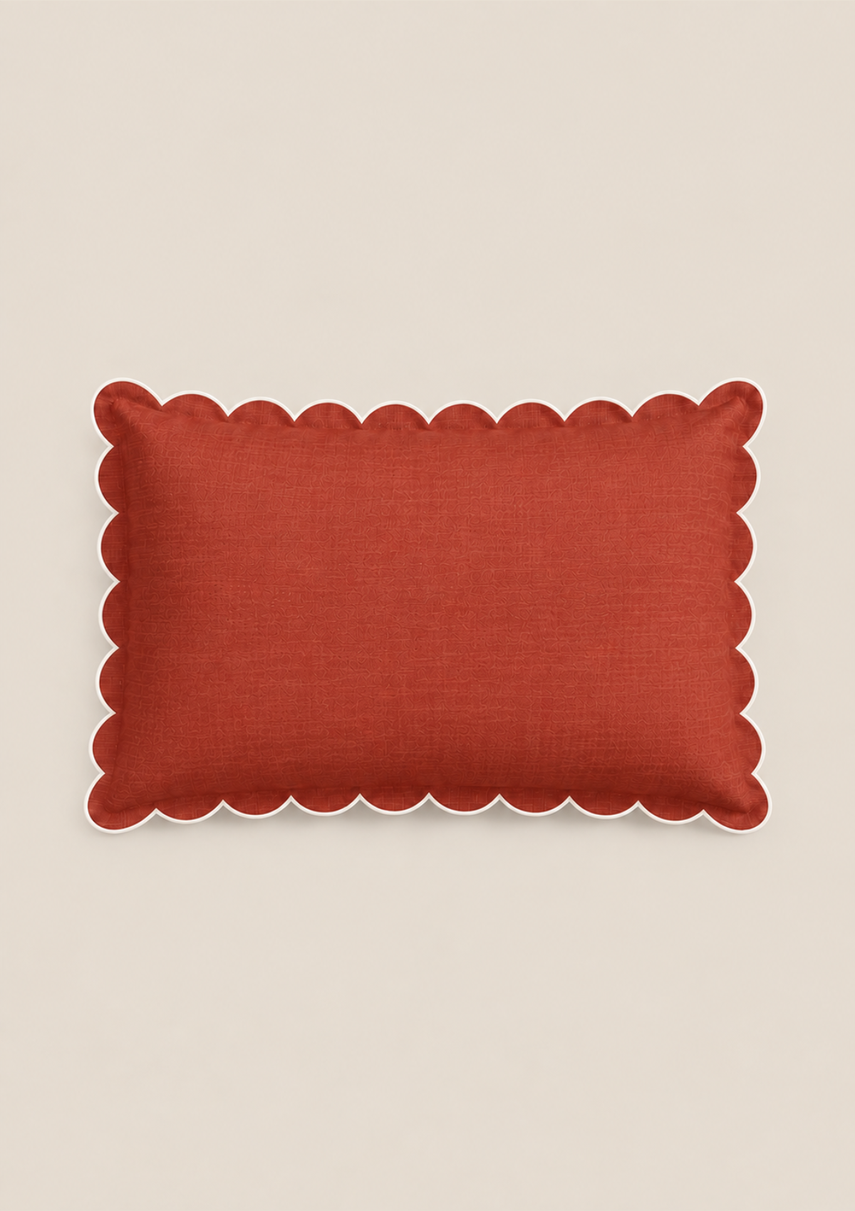 Scalloped rectangular linen cushion Red ocher & White
