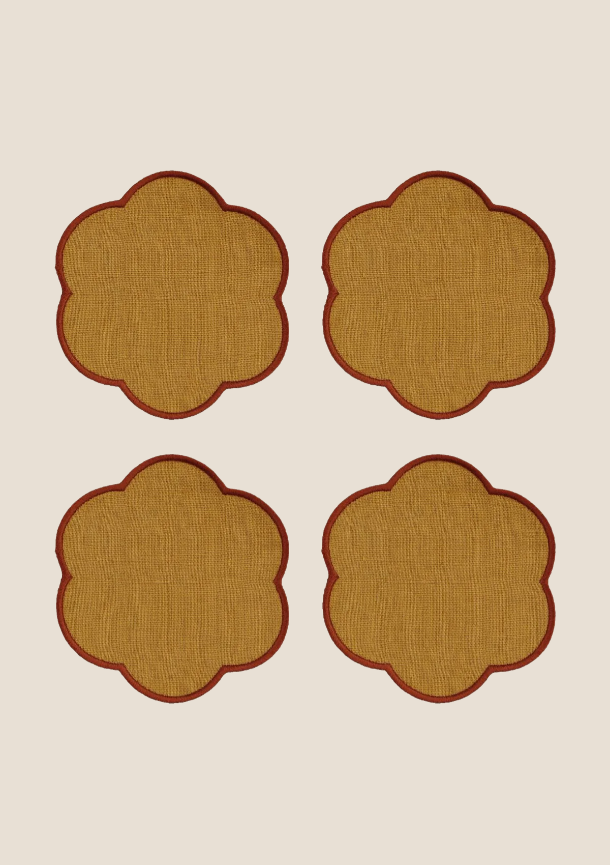 Les dessous de verre festonnés en lin Ocre jaune & Tomette (lot de 4)