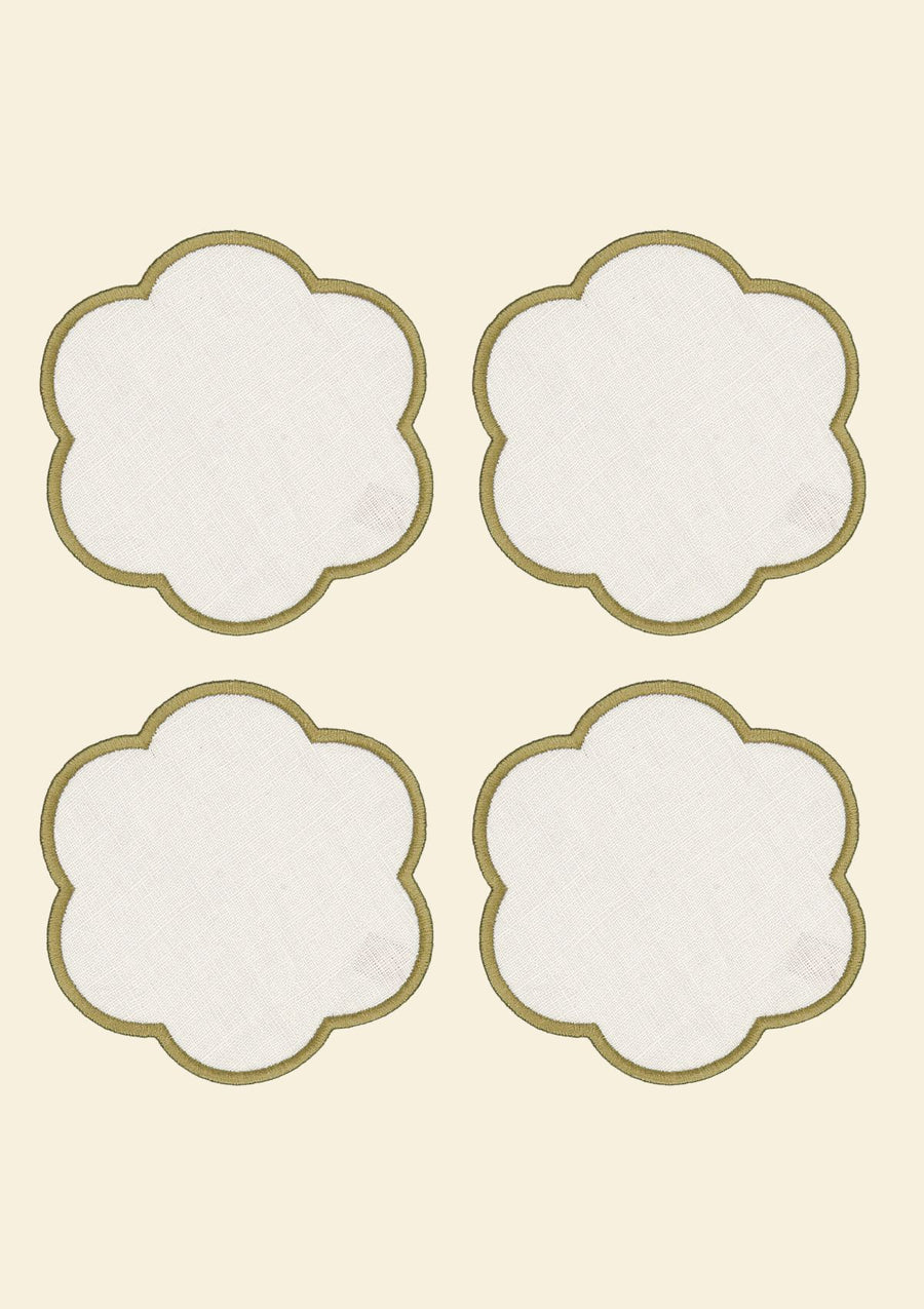 Scalloped linen coasters Powder pink &amp; White (set of 4)