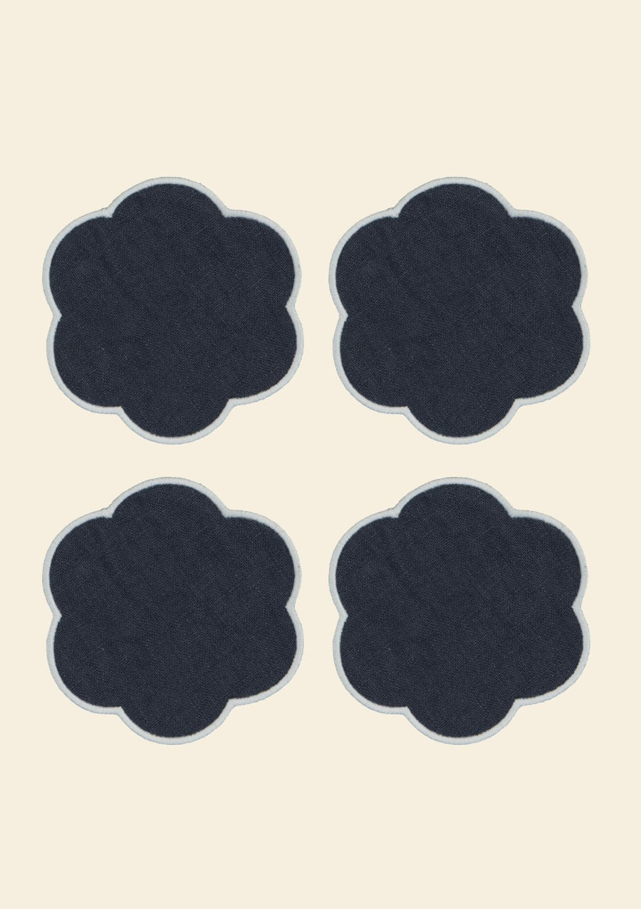 Slate blue & white scalloped linen coasters (set of 4)