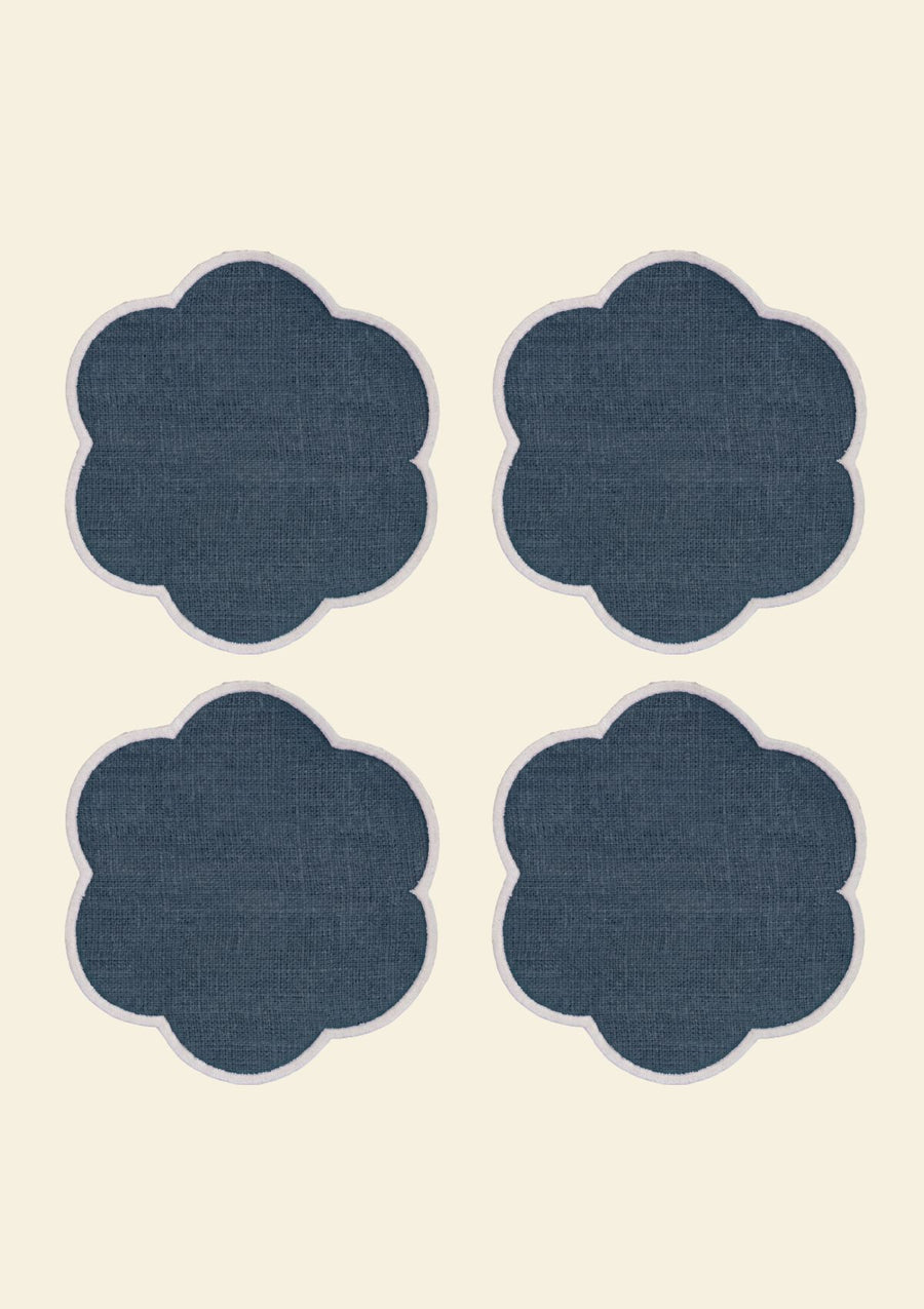 Peacock Blue & White Scalloped Linen Coasters (set of 4)