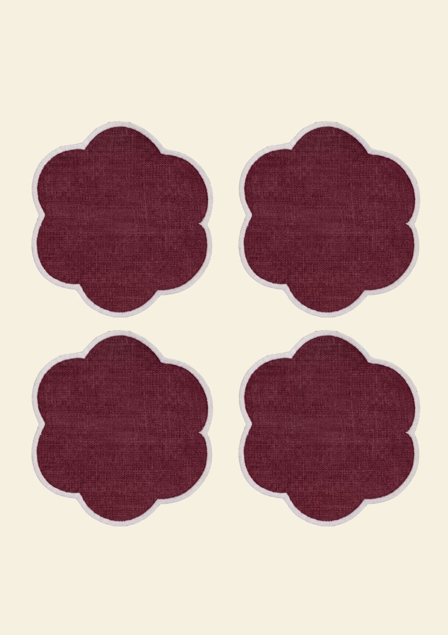 Bordeaux & White Scalloped Linen Coasters (set of 4)