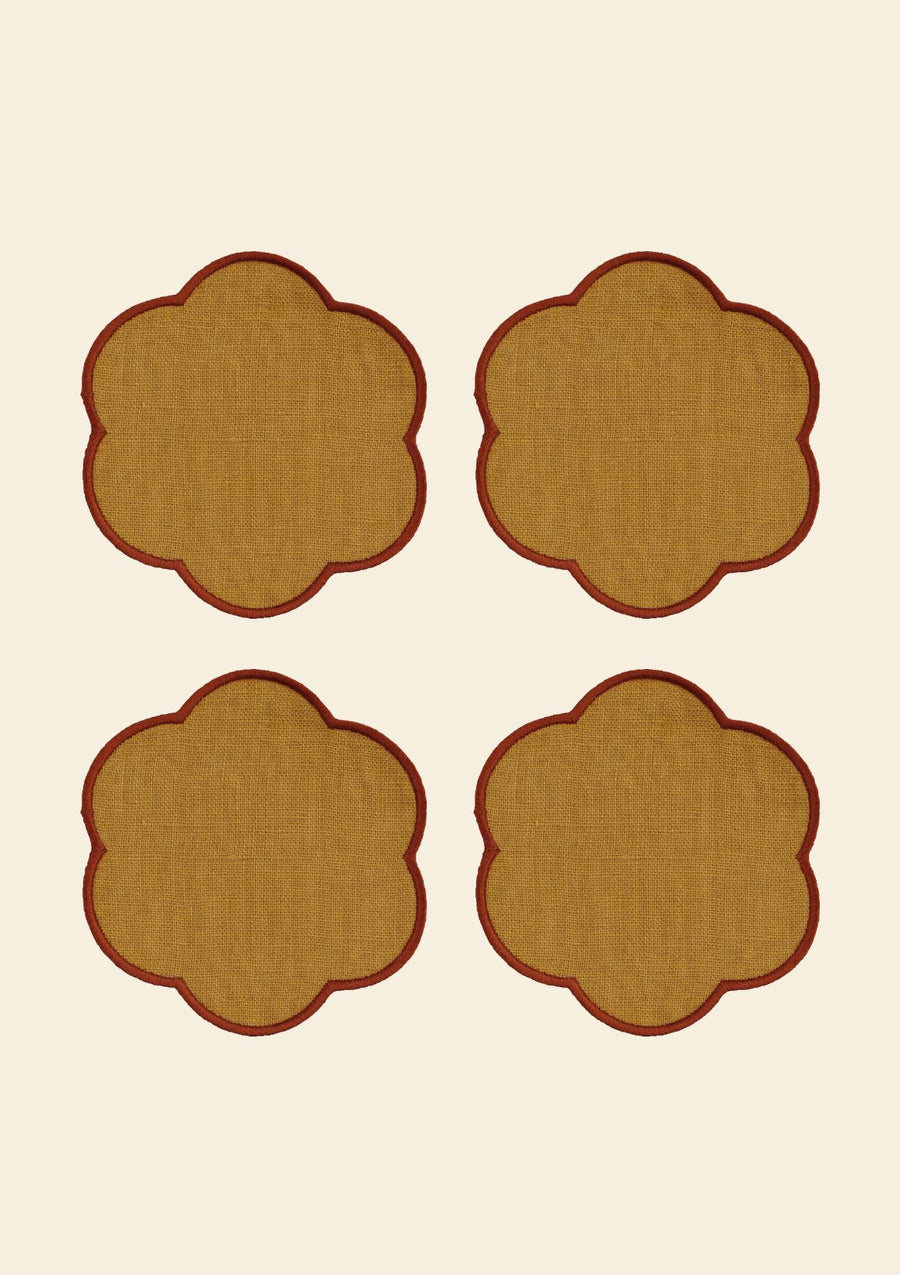 Yellow ocher and red ocher scalloped linen coasters (set of 4)