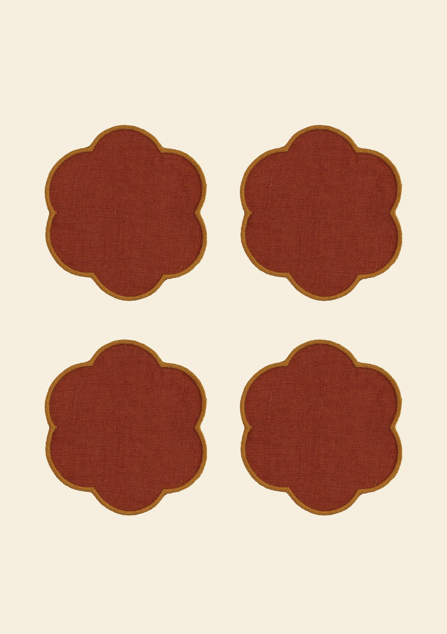 Red ocher & yellow ocher scalloped linen coasters (set of 4)