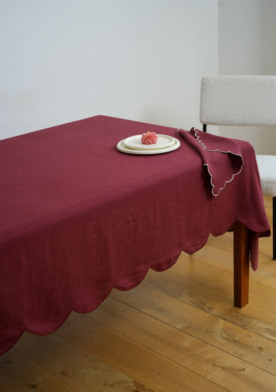 The Burgundy scalloped linen tablecloth