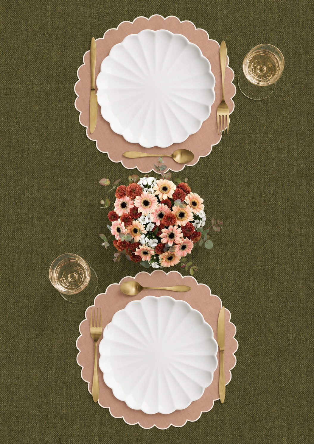 Le set de table rond Festons en lin Rose poudré & Blanc