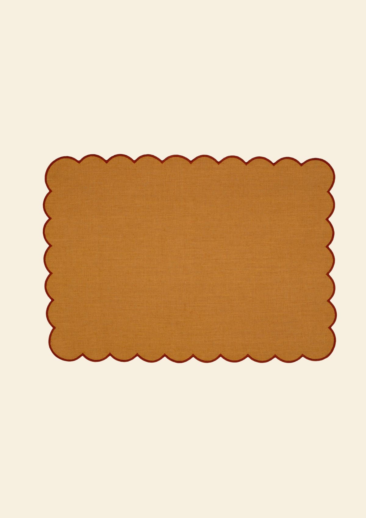 Yellow ocher & red ocher scalloped rectangular linen placemats (set of 2)