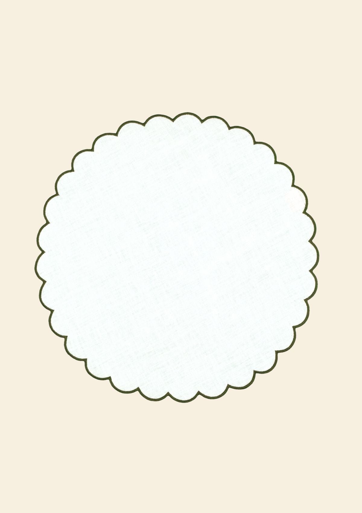 White & forest green scalloped round linen placemats (set of 2)
