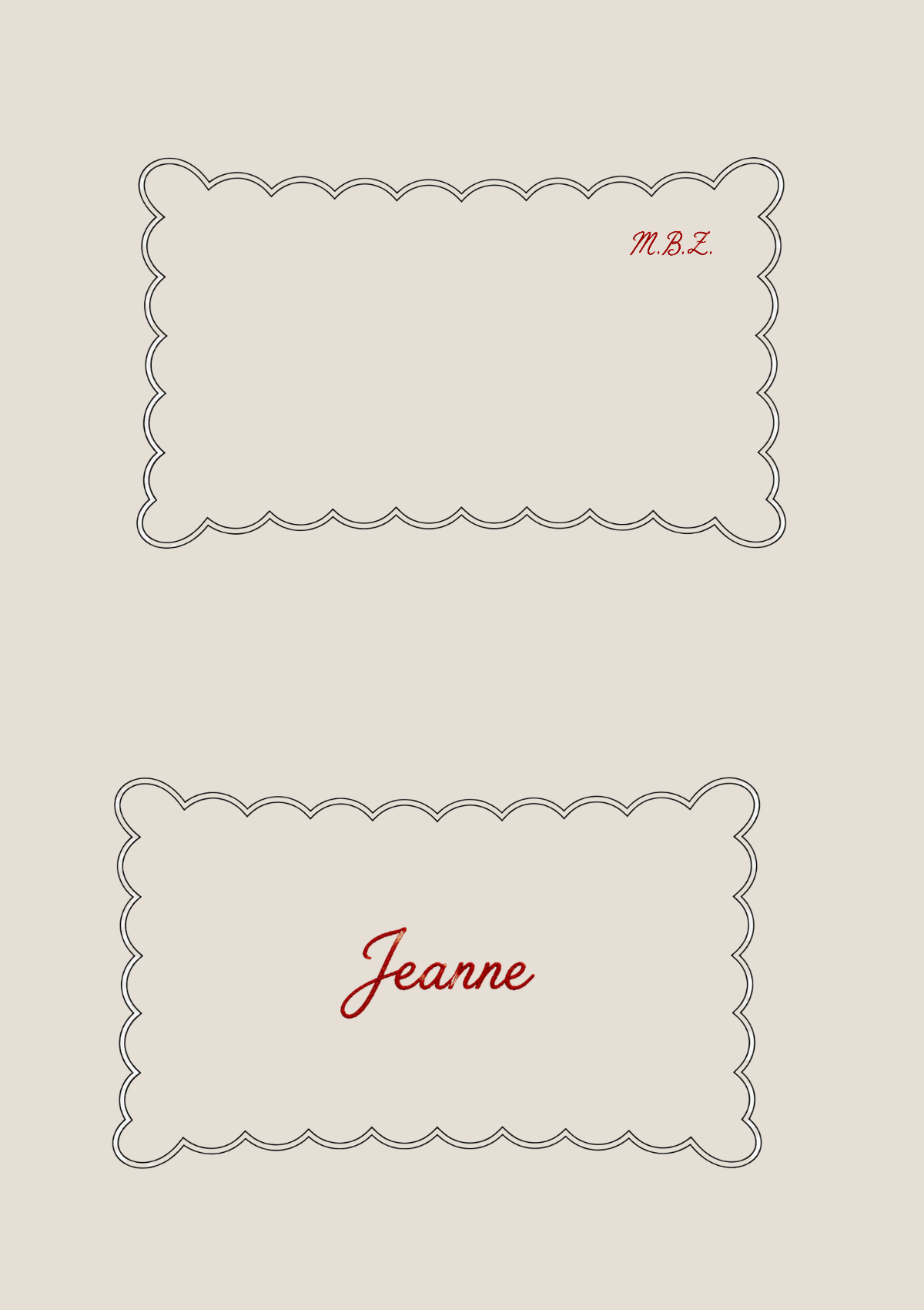 Scalloped rectangular linen cushion Red ocher & White
