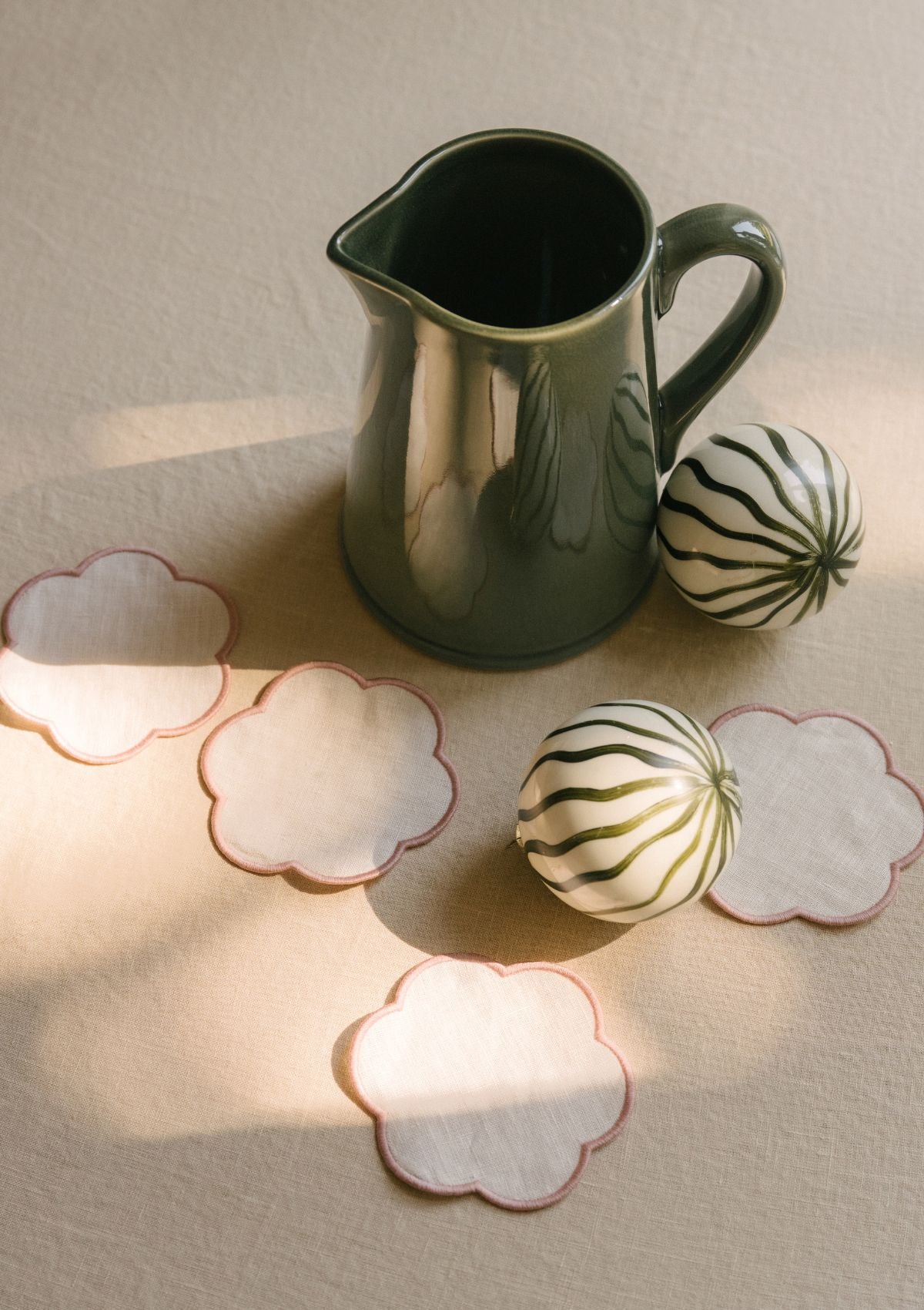 Jars x Tomète - green pitcher and ivory &amp; pink coaster set